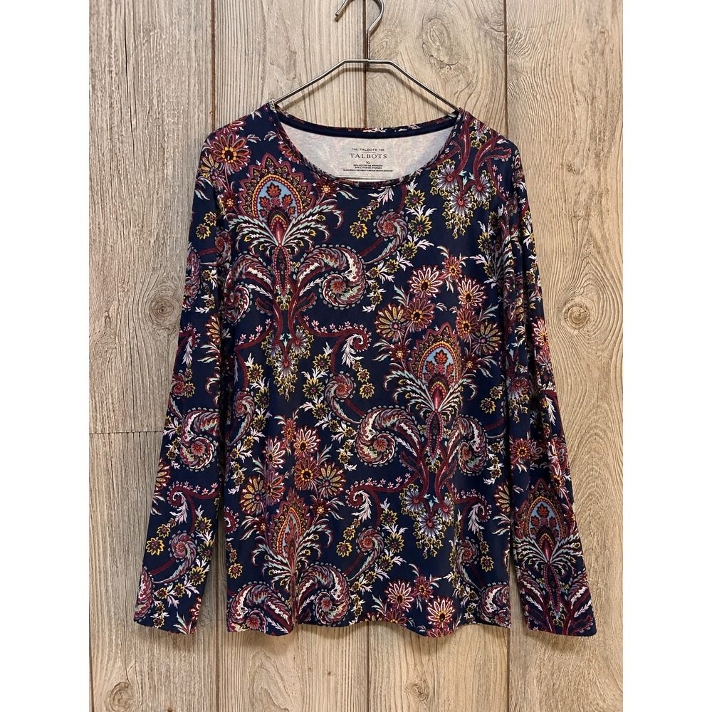 Talbots The Talbots Tee Womens XL Navy Blue Paisley Floral Long Sleeve Top
